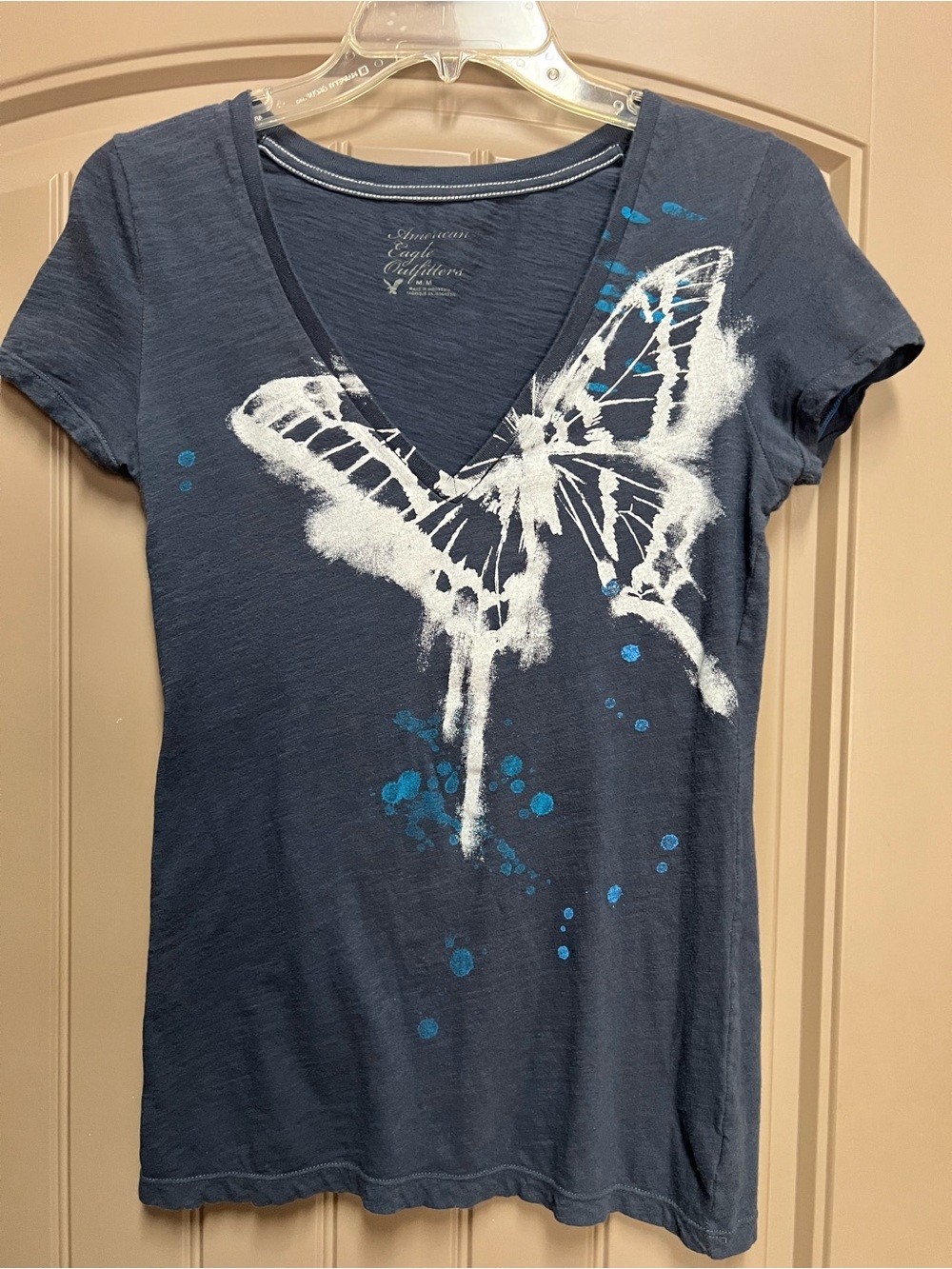 American Eagle Butterfly Graphic V Neck Tee Navy Blue Womens M